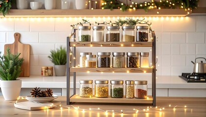 Three-tiered spice rack filled with jars of herbs and seasonings, decorated with festive fairy lights in a cozy kitchen setting.