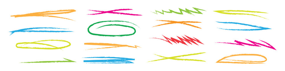 Colorful hand drawn brush stroke underlines and highlight marks. charcoal stripes, ovals and crossed rough lines symbol. vector illustration.