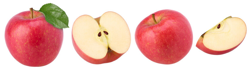 pink apple with leaves, half and slices isolated, transparent PNG, PNG format, set