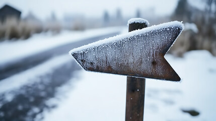 Frost-covered signpost in a winter landscape, pointing the way forward. The sign is covered in delicate ice crystals, creating a beautiful contrast against the landscape.