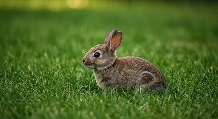 Fototapeta premium A small, adorable domestic rabbit with soft fur sits alertly among vibrant green grass blades on a sunny afternoon, searching for food ,peaceful ,foliage ,soft