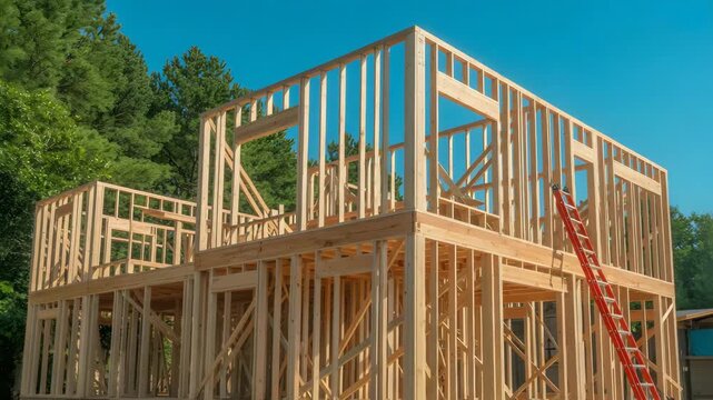 Unfinished wooden frame structure of a new two story residential home stands tall against a bright blue summer sky awaiting exterior completion