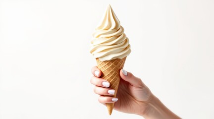 Creamy vanilla soft serve ice cream in a waffle cone held by a hand with white nails isolated on white background