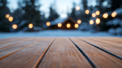 Winter cabin background with frost on the table. Blurred string lights illuminate the snowy landscape. Perfect for winter holiday themes and warm, cozy imagery.