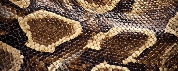 Close up of brown and beige snake skin texture showing detailed scales and natural pattern with shiny surface