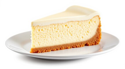 Cheesecake slice with creamy topping and graham cracker crust on a white plate isolated on white background