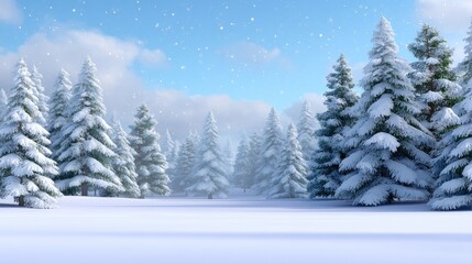 Naklejka premium Serene Winter Wonderland with Snow-Covered Pine Trees under a Bright Blue Sky and Soft Flurries of Snowfall in a Peaceful Natural Landscape