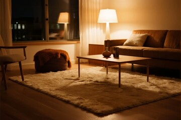 Cozy living room interior with warm lighting, wooden furniture, and plush rug at night