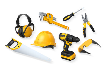 Various construction and safety tools including helmet, drill, pliers, and goggles isolated on white background, labor gear