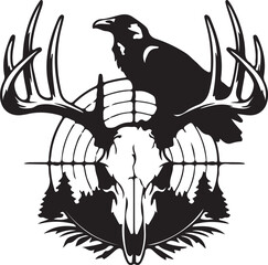 Fototapeta premium Raven perched on deer skull with antlers and crosshairs, isolated on