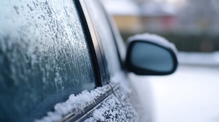 A car window covered in frost after a chilly night, with a snow dusting along the edge. A dark side mirror is also covered in frost. A blurred, snowy background adds to the wintery mood.