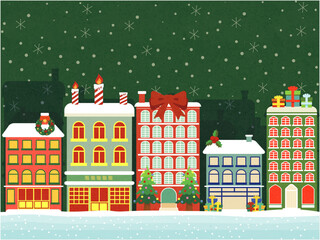 クリスマスの装飾を施した楽しげな建物たちが並ぶ街並み