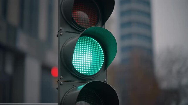 Isolated cinematic shot of traffic light turning green, background blur, minimal composition