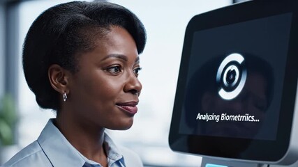 Biometric facial recognition technology scanning woman face for identity verification with focused expression in modern office environment highlighting advanced digital identification and security