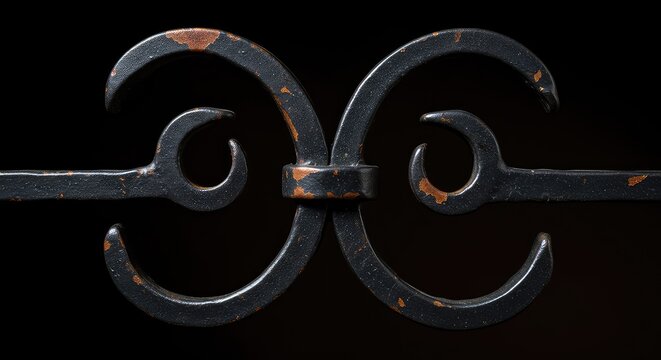 Detailed close-up of heavy, antique black wrought iron scrollwork, showing texture and aged rustication on a dark surface background ,traditional ,durable ,macro