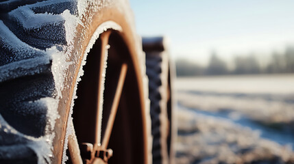 Rustic beauty: a weathered wheel dusted with frost stands against a serene, frosty backdrop. A touch of winter's charm in a rural setting, captured in exquisite detail.