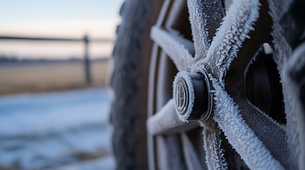 Frozen wheel's intricate pattern gleams under a faint, pale light. Ice crystals delicately tracing the wheel's shape, highlighting its sturdy frame, a testament to resilience.