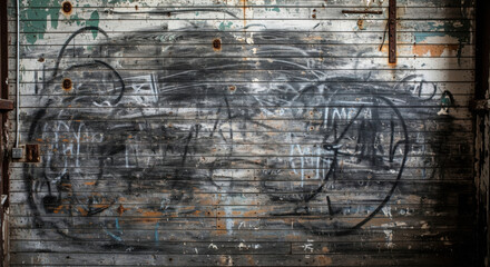 Grungy weathered wooden wall covered in abstract graffiti tags and peeling paint, urban decay texture