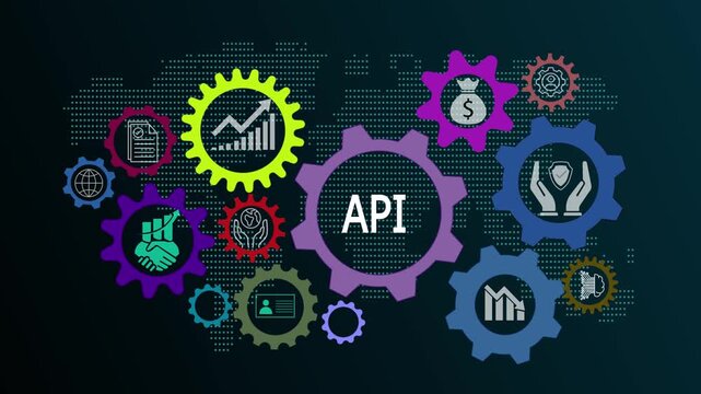 API animation video explaining international standard organization integration models, global technology networks, and internet-enabled software connectivity.