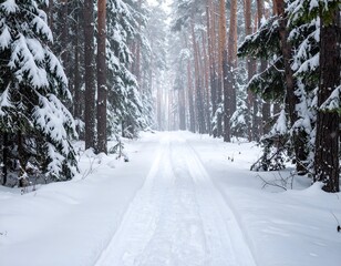 A snow-covered path winds through a forest of tall, snow-dusted evergreen and pine trees