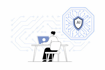 Person working on a laptop with ai security and circuit board background