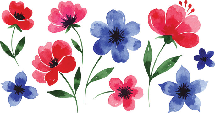 Beautiful hand-painted watercolor floral illustration featuring a charming collection of vibrant pink, serene blue, and cheerful yellow blossoms with lush green leaves, evoking the fresh beauty of spr