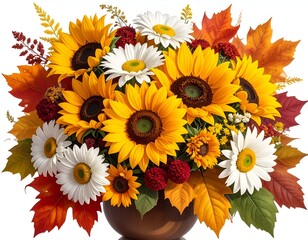 Fototapeta premium A vibrant autumnal bouquet features sunflowers, daisies, fall foliage, and berries in a wooden bowl