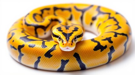 Obraz premium Snake with vibrant yellow and black patterns coiled on a white background