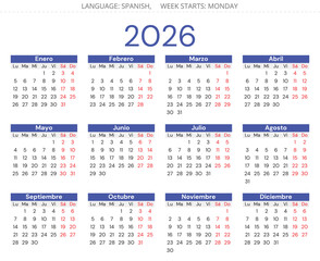 2026 vertical spanish calendar. Printable vector illustration for Spain. Plan your year calendar style