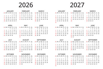 Fototapeta na wymiar 2026 and 2027 simple calendars. English vector year (week starts sunday)