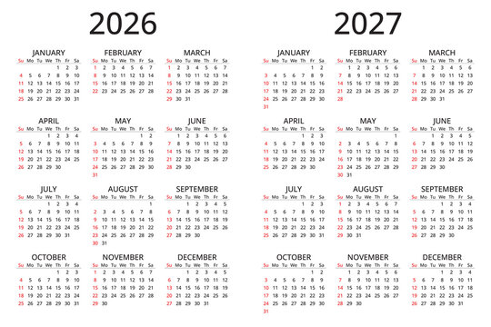 2026 and 2027 simple calendars. English vector year (week starts sunday)