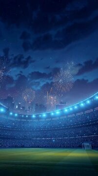 Soccer or football stadium full of lights and heavy crowd. Promotion of world level cup or tournament or league Festivity vibes vertical video for media and web.