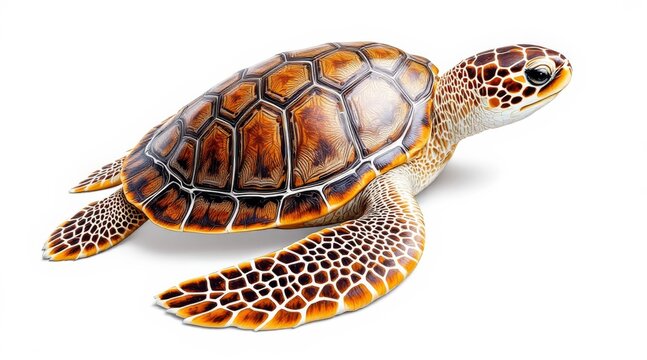 Detailed view of a sea turtle with intricate shell patterns and patterned skin isolated on white background