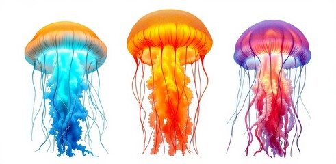 Fototapeta premium Jellyfish with vibrant blue, orange, and purple bioluminescence isolated on white background