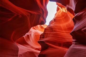 Red sandstone formations in a narrow canyon with smooth, wavy textures illuminated by natural light