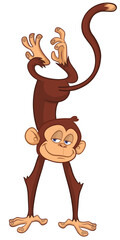 Cartoon funny monkey chimpanzee standing upside down. Vector illustration isolated on white