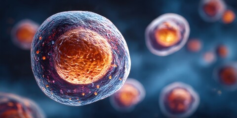 Human cell structure showing nucleus and membrane on dark background