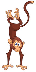 Cartoon funny monkey chimpanzee standing upside down. Vector illustration isolated on white