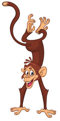 Cartoon funny monkey chimpanzee standing upside down. Vector illustration isolated on white