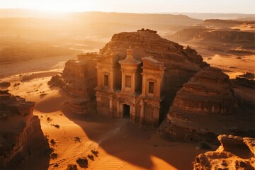 Aerial view of the ancient rock-cut temple in a desert landscape at golden hour