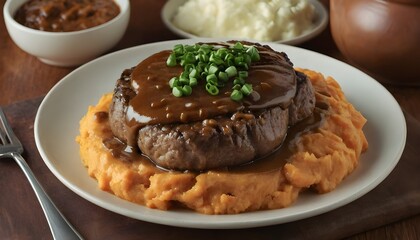 salisbury steak with onion gravy and mashed sweet potatoes