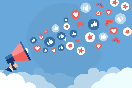 Social media marketing concept with a megaphone broadcasting likes and hearts