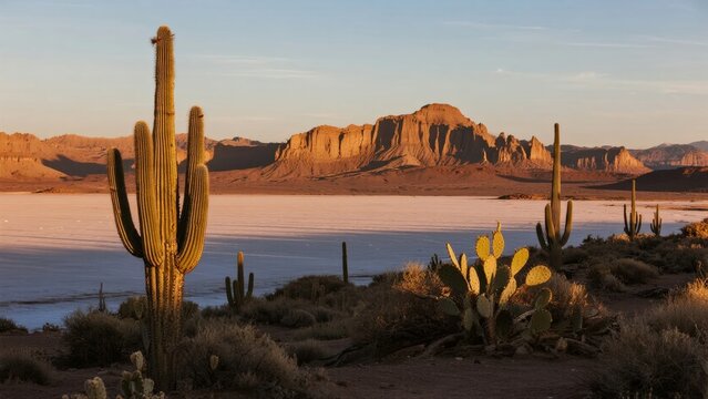 Desert landscape with saguaro cacti and distant red rock formations at sunset - Powered by Adobe