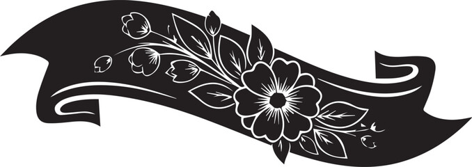 Elegant black ribbon banner with delicate floral elements for design and decoration