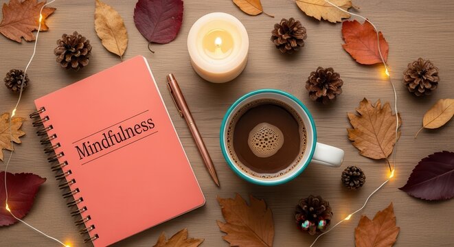 A Cozy Autumn Scene with Coffee, Mindfulness Notebook, and Seasonal Decor - Powered by Adobe
