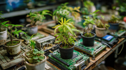 Plants Growing on Obsolete Computer Hardware, Creative Still Life of Nature Reclaiming Technology