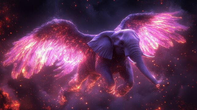 A majestic creature with an elephantine body and fiery wings soars through a vibrant cosmic space, surrounded by stars and nebulae. A stunning display of fantasy and wonder.