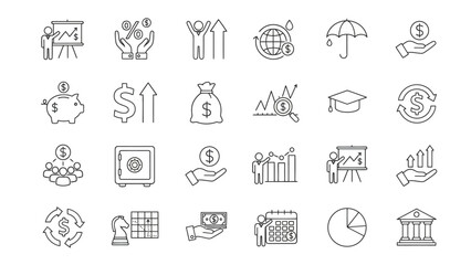 Financial Growth and Investment Icons Representing Banking, Savings, and Economic Progress