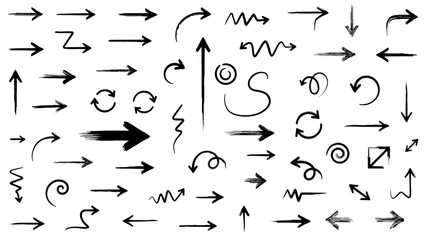 Collection of black and white arrows with various styles, curves, and directions, representing movement and directionality in graphic design elements