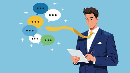 Dynamic businessman actively participating in digital communication, brainstorming new ideas, and managing feedback with multiple interactive speech bubbles